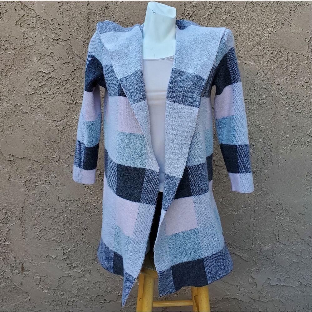 Loft open front gray and pink plaid coat